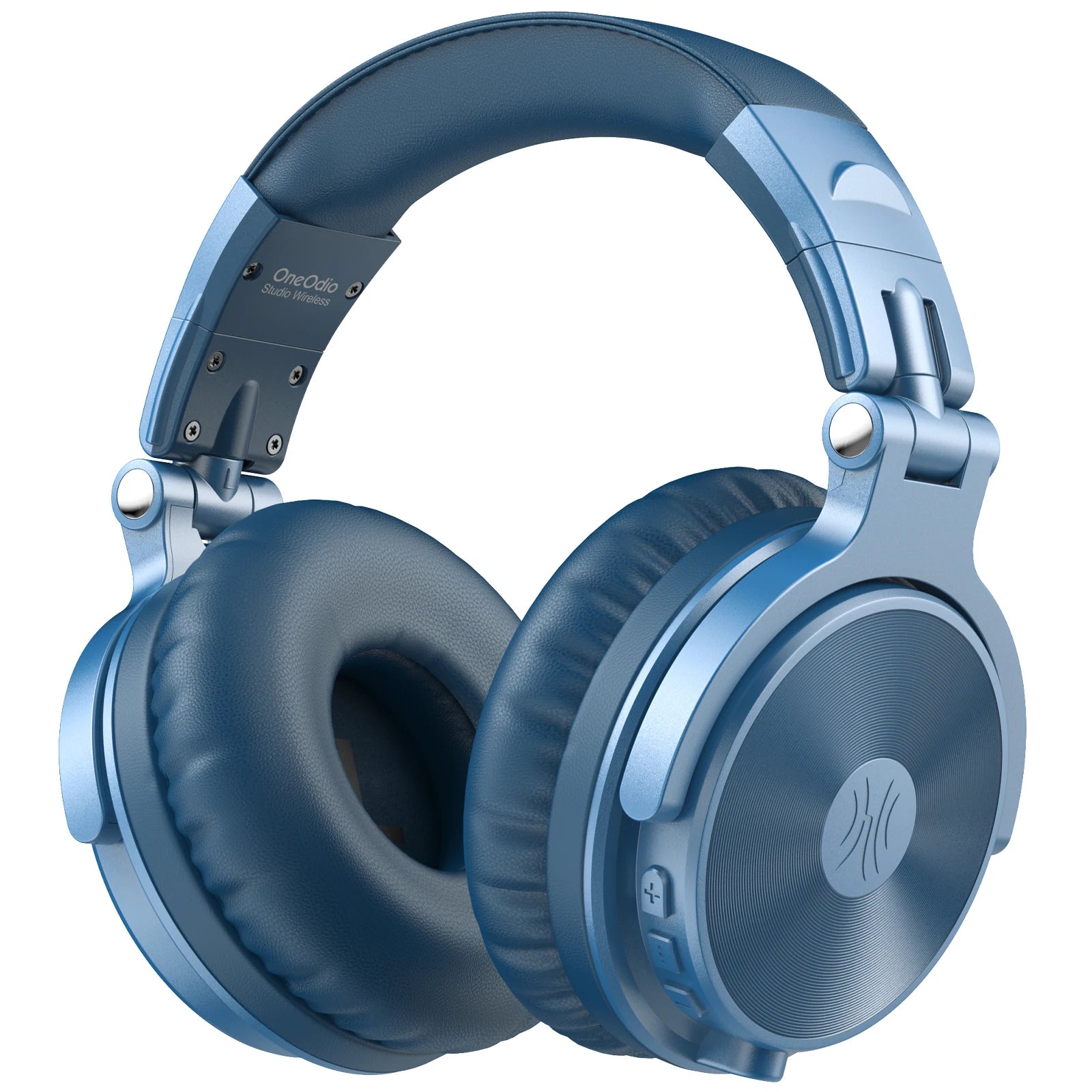 Blue wireless over-ear headphones with plush ear cushions, adjustable headband, and integrated control buttons.