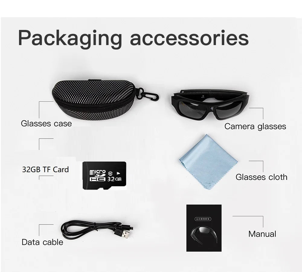 Black camera glasses, fabric case, 32GB TF card, cleaning cloth, USB cable, and manual on a white background.