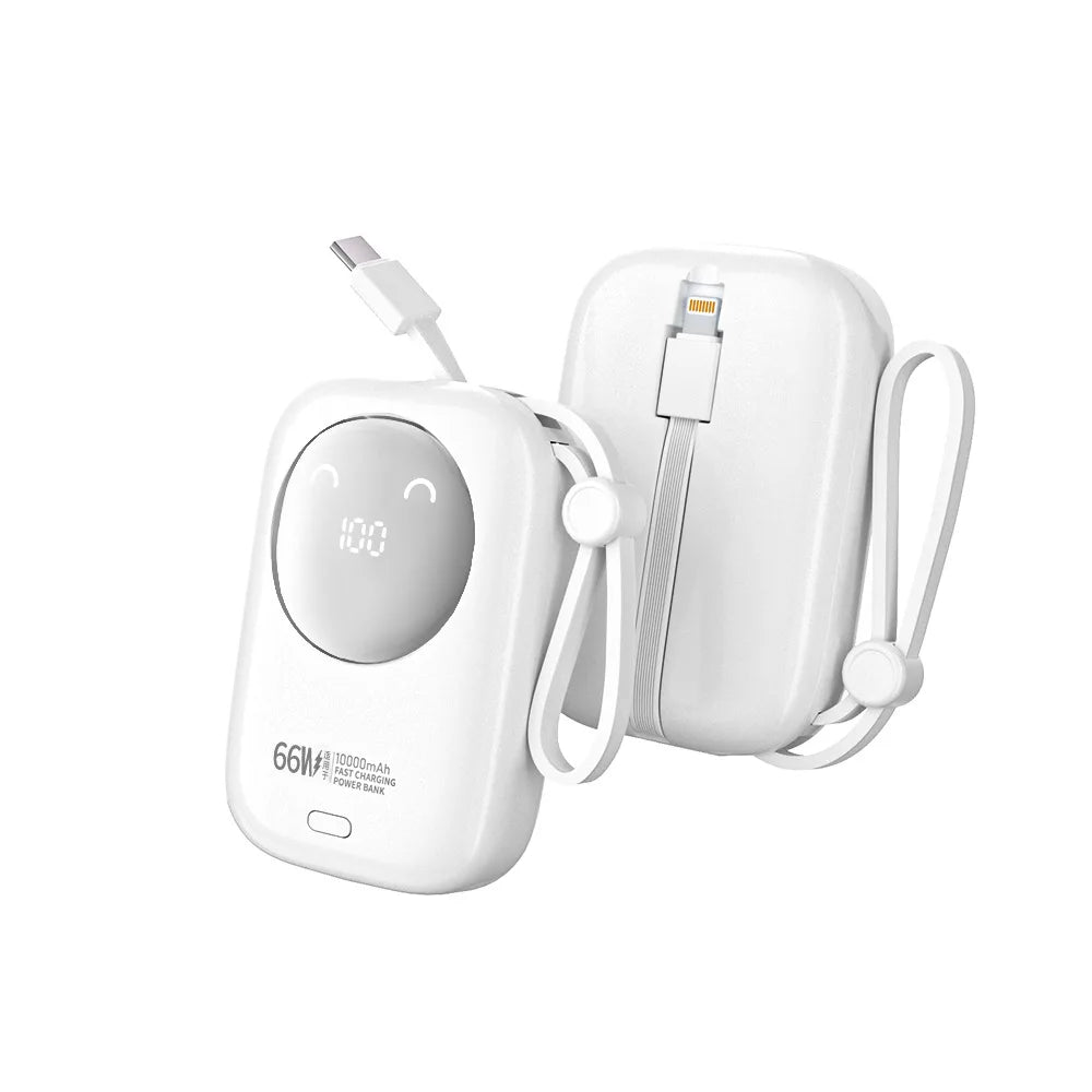White portable power bank with a digital display, integrated charging cables, and a convenient carrying strap.
