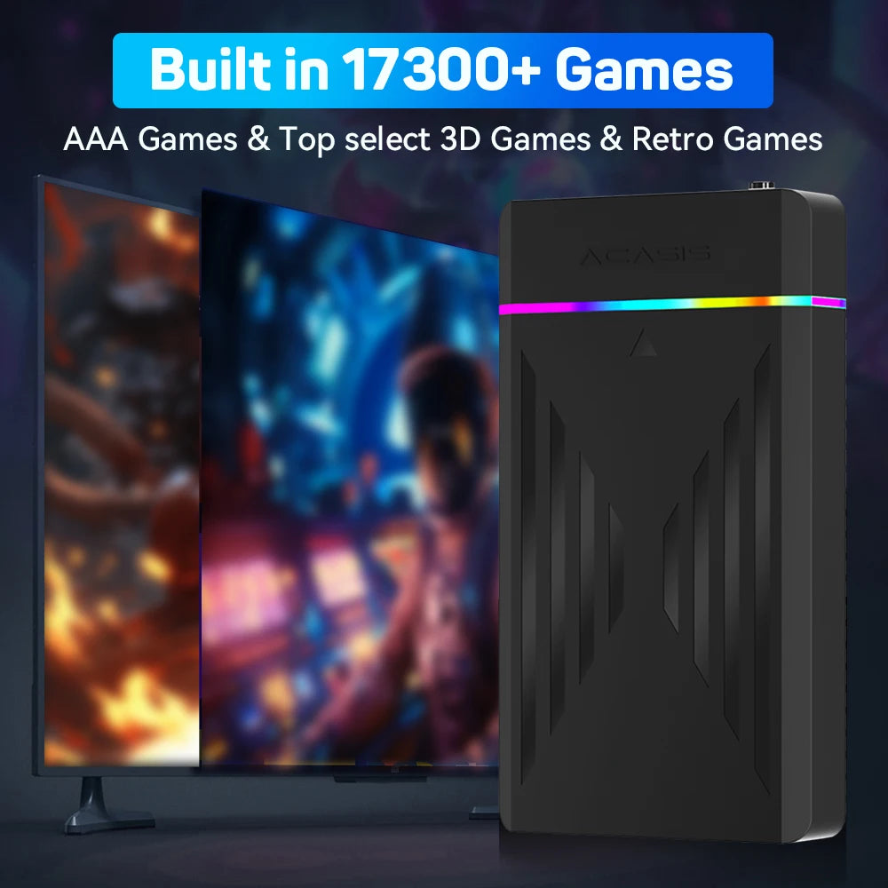 Black portable gaming HDD with RGB light strip and angular front grooves, in front of a TV.