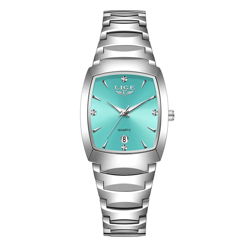Ladies' silver-tone stainless steel quartz watch with a turquoise face, crystal hour markers and a date window.