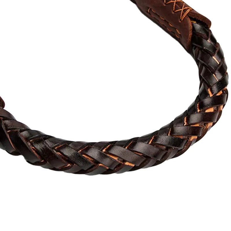 Dark brown braided real leather dog collar with reinforced cross-stitching detail.