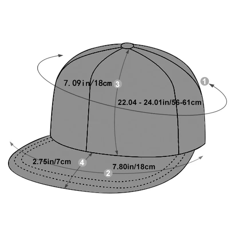 A technical diagram showing the dimensions of a grey unisex hip-hop baseball cap.