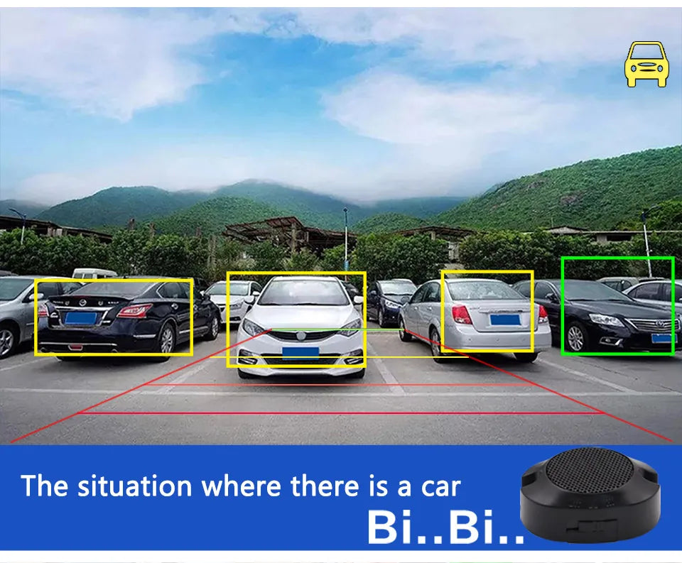A 1080P fisheye reversing camera view showing a car park with AI-detected vehicles highlighted in colour-coded boxes.