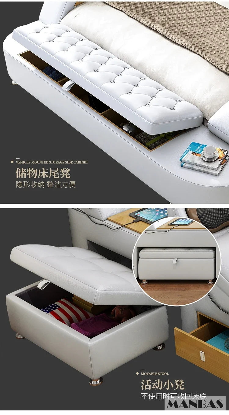 White leather multifunctional bed frame with lift-up storage, integrated shelves, and a hidden movable storage stool.