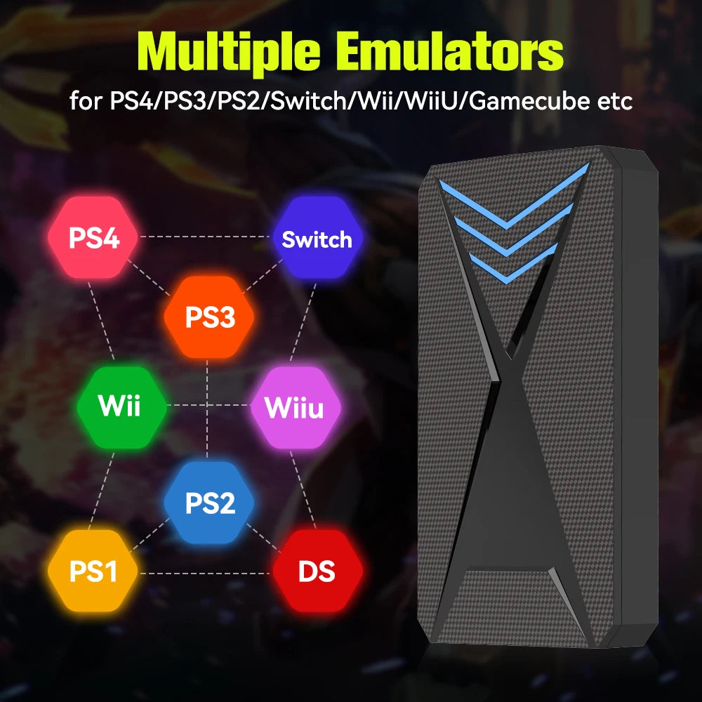 Black rectangular 2TB gaming HDD with carbon-texture finish, blue V-shaped LED lights, and console compatibility icons.