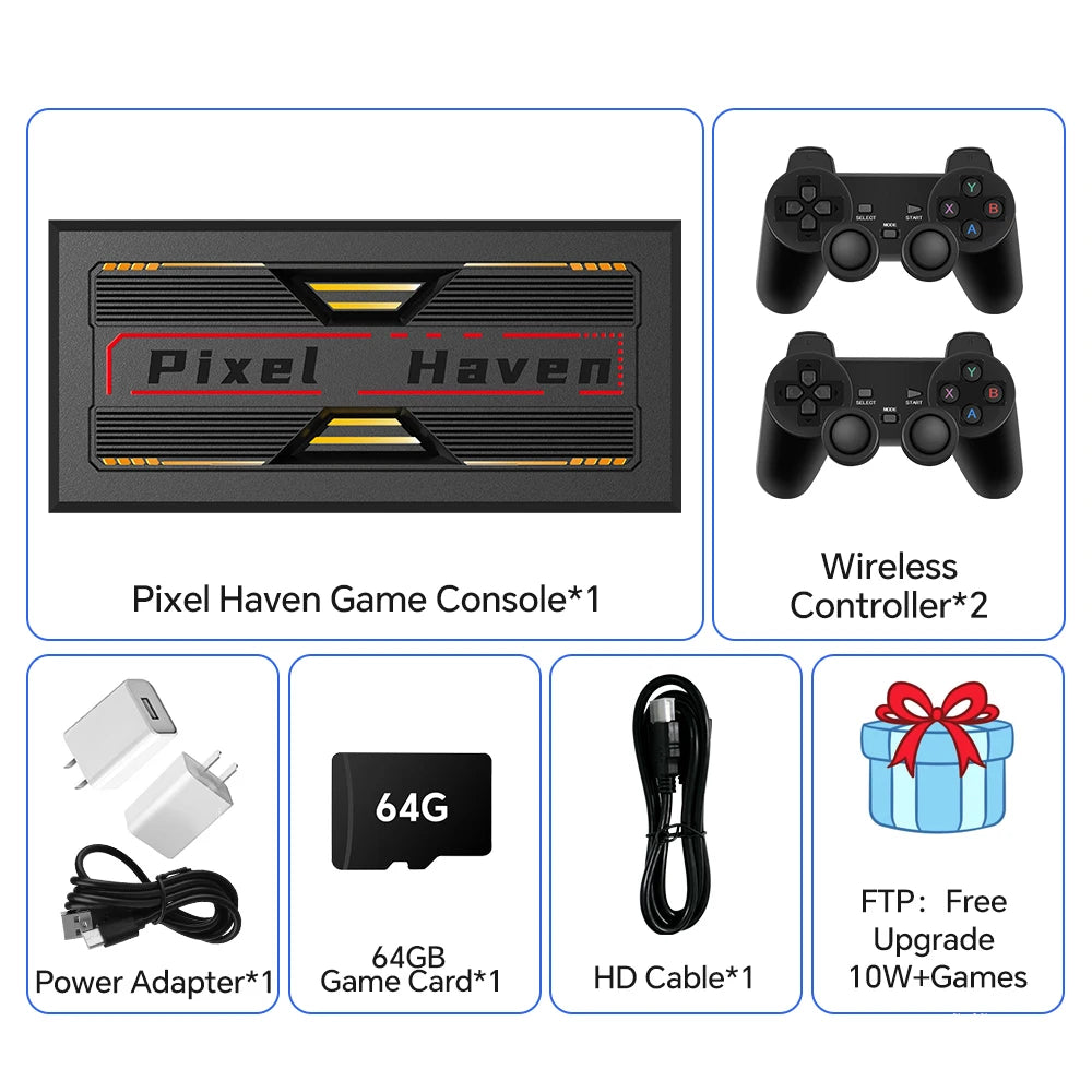 Pixel Haven black retro game console box with two wireless controllers, power adapter, 64GB card, and HD cable.