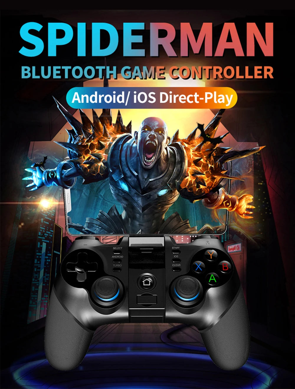 Black Bluetooth mobile gaming controller with smartphone mount, featuring action buttons and dual analogue sticks.