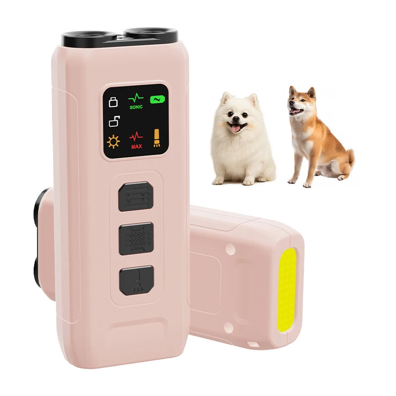 Pale pink, rechargeable dog training device featuring a digital display, three control buttons and an LED strobe light.