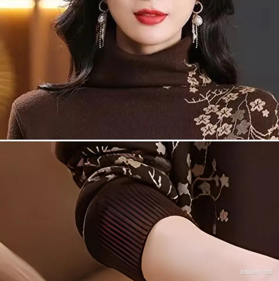 Dark brown turtleneck sweater with elegant floral embroidery and ribbed sleeve cuffs.