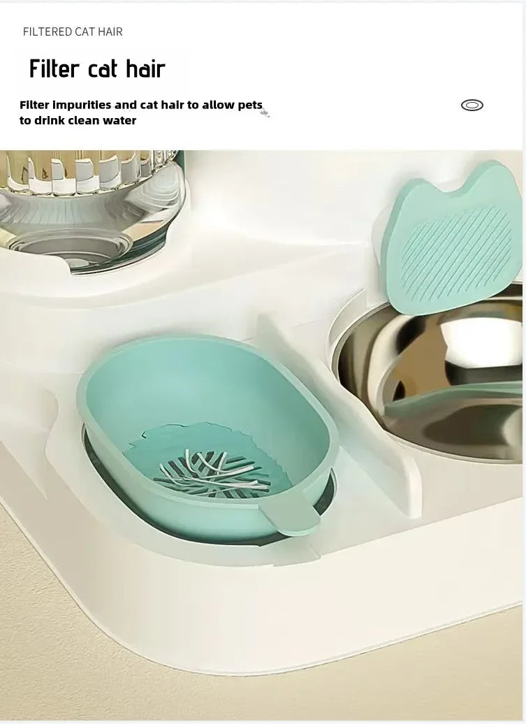 White automatic pet feeder with a mint green removable filter tray and stainless steel bowl for clean drinking water.