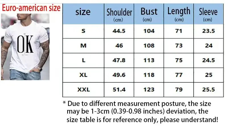 White t-shirt with 'OK' text, shown alongside a size guide table with shoulder, bust, length and sleeve measurements.