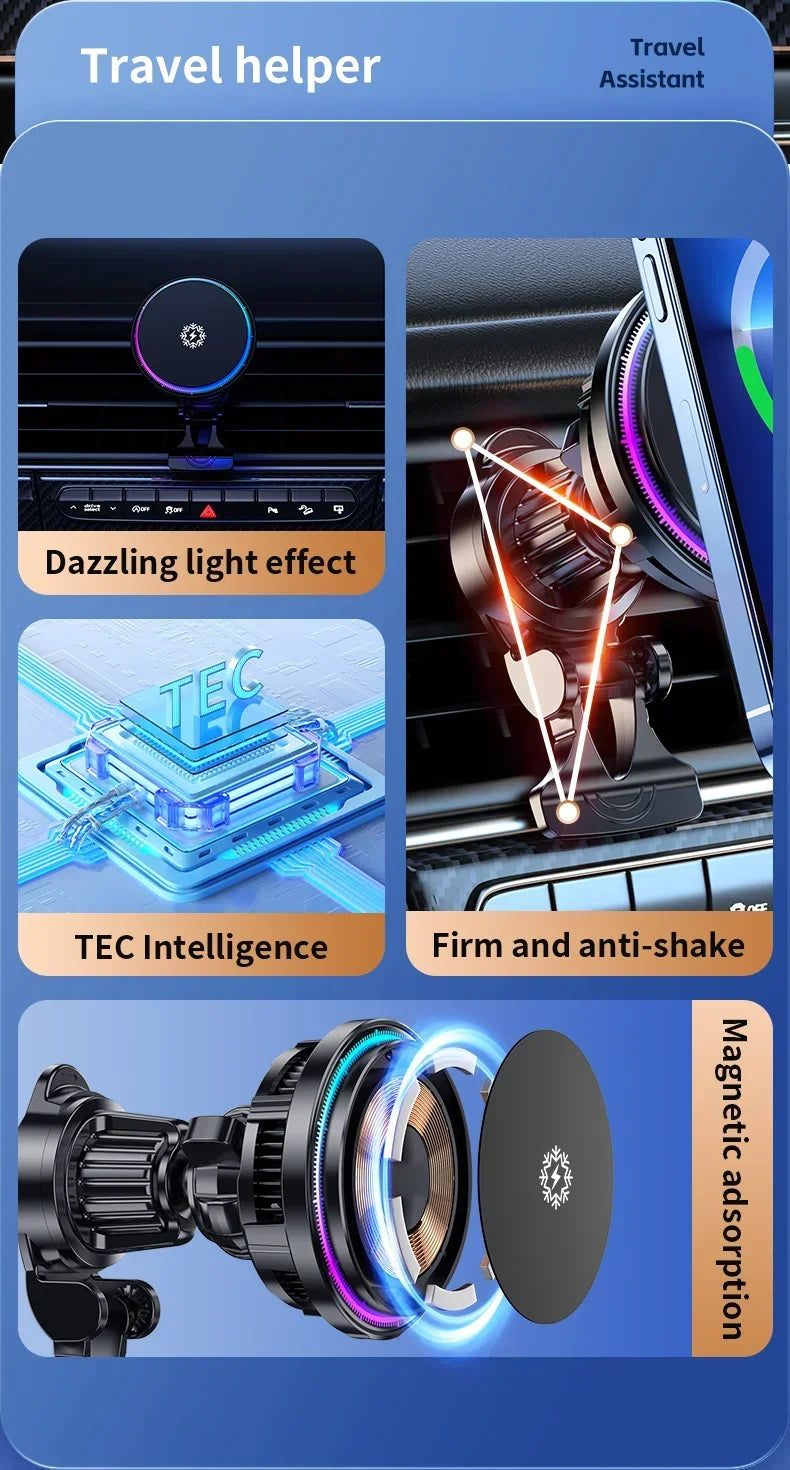 Black magnetic car phone mount with colorful LED ring light, cooling technology, and vent-mounted design.