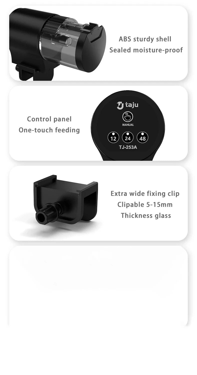 Black automatic fish feeder with moisture-proof casing, touch control panel, and wide adjustable mounting clip.