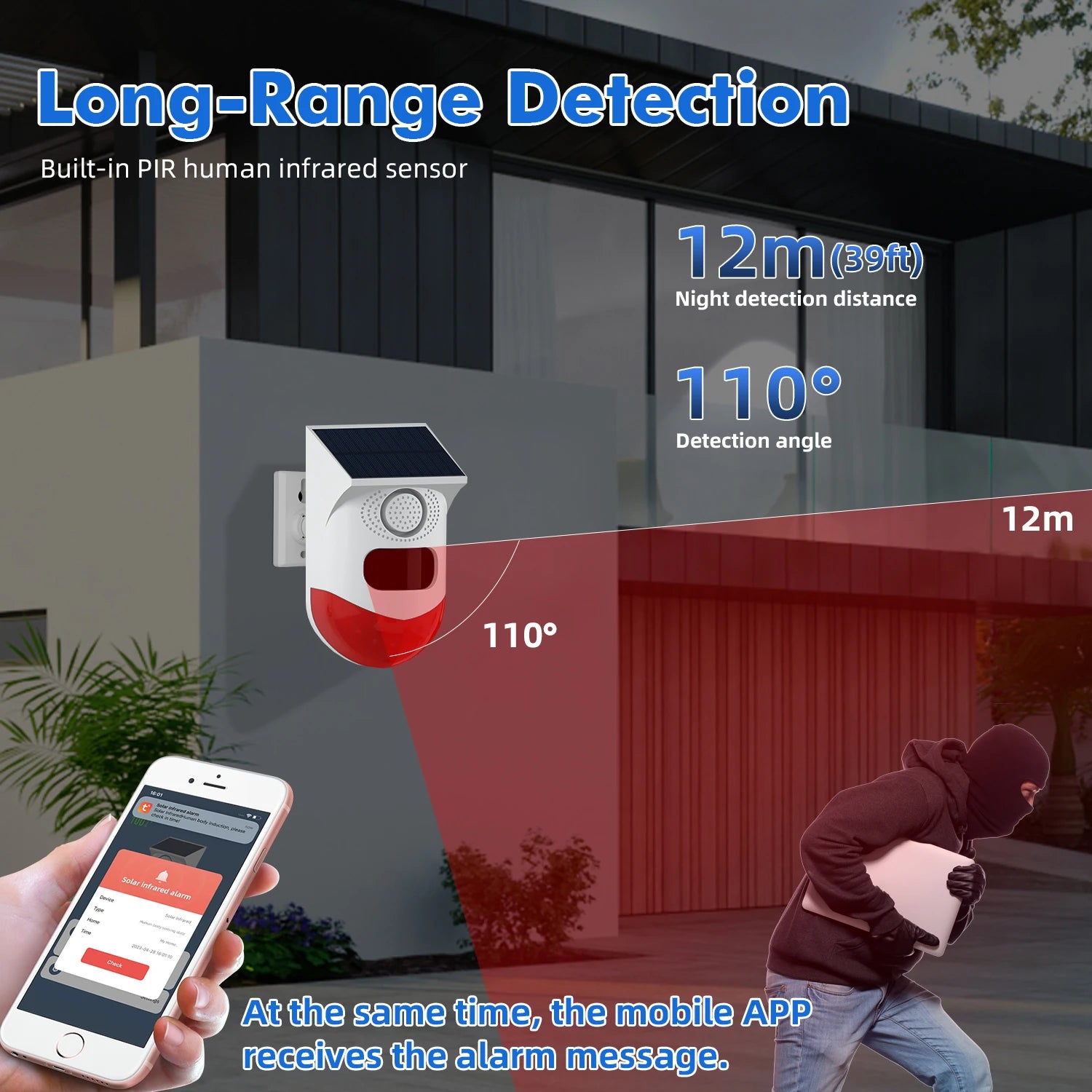 White solar wireless security alarm with motion sensor, 110-degree range, and real-time mobile app alerts.