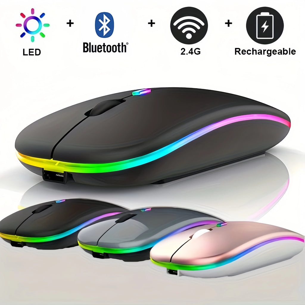 Ergonomic, rechargeable silent mouse with LED lighting, Bluetooth, and 2.4G wireless connectivity, available in 3 colours.