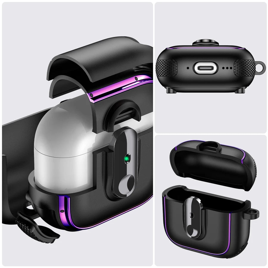 Rugged black and purple protective case for AirPods Pro, featuring a secure locking latch and textured side grips.