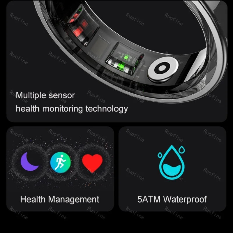 Sleek black smart health tracking ring with interior sensor array, sleep, fitness, and heart rate monitoring, 5ATM water.