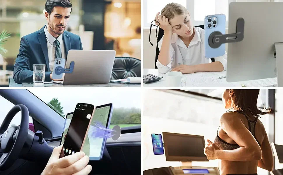Magnetic phone holder mounted to laptops, car screens, and gym equipment for hands-free multitasking.