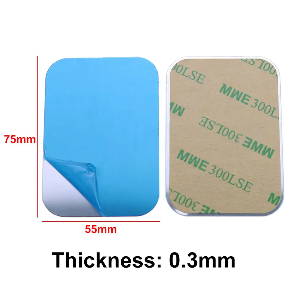 Two rectangular adhesive metal plates, 75x55mm, 0.3mm thick. One shows blue backing, one shows tan adhesive side.
