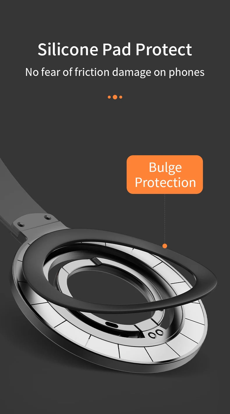Black circular phone mount with a protective silicone ring and metallic silver base design against a grey background.