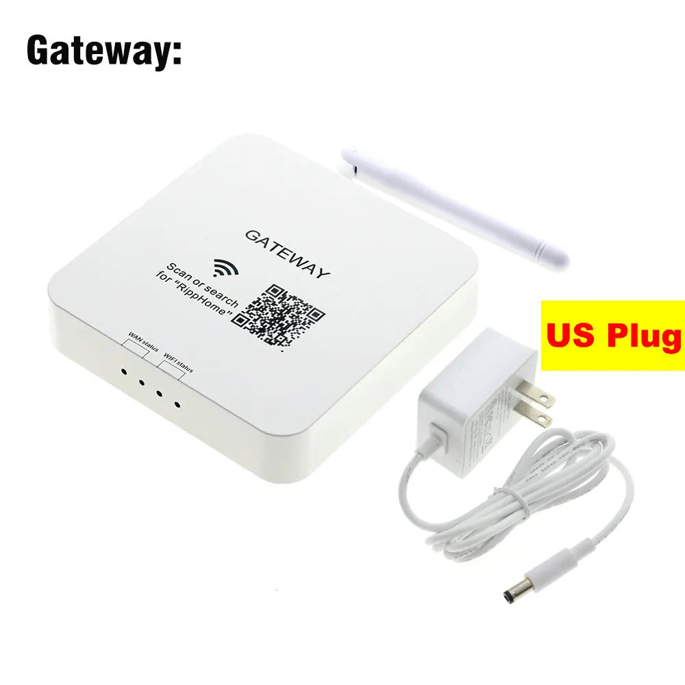 White smart gateway device with external antenna, LED status indicators, and included power cable with US plug.