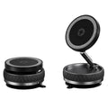 Black magnetic phone car mount with a foldable arm, shown in both folded and extended positions.