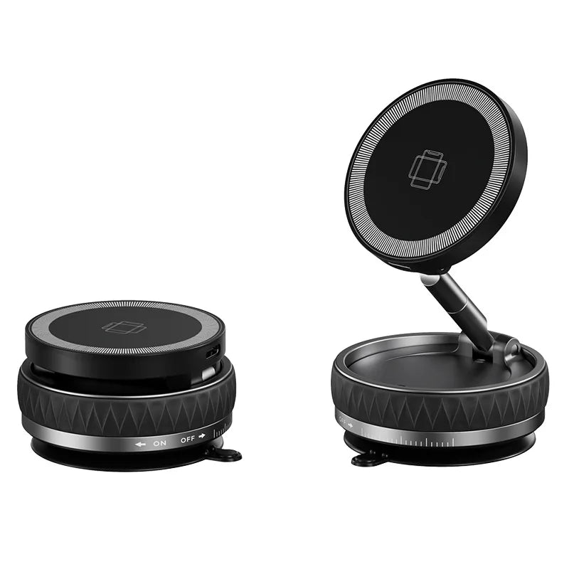 Black magnetic phone car mount with a foldable arm, shown in both folded and extended positions.