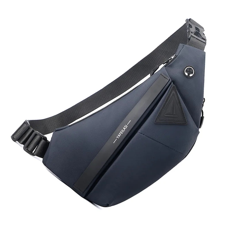 Navy blue anti-theft crossbody sling bag with an adjustable strap, zip pocket, and headphone port.
