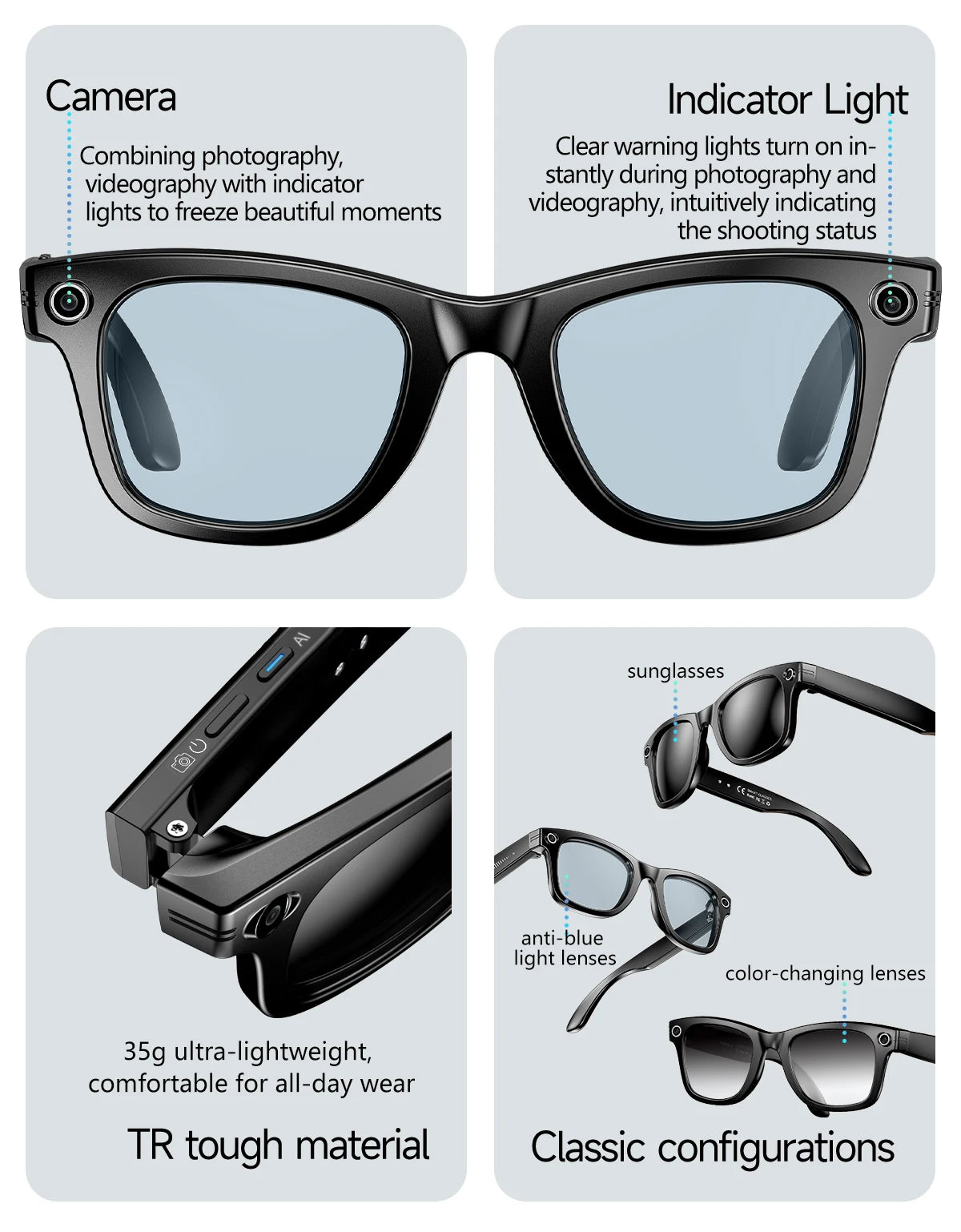 Black smart glasses with HD camera, indicator lights, and interchangeable anti-blue or colour-changing lenses.