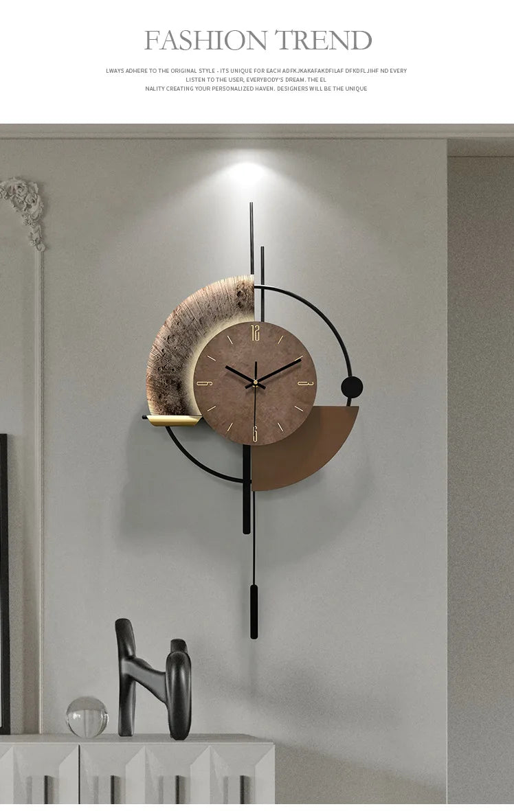 Modern minimalist wall clock with a brown textured circular face, geometric gold and black accents, and a long pendulum.