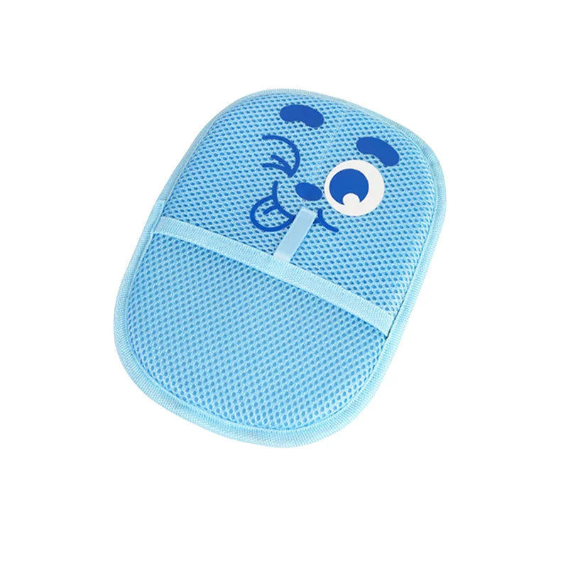 Light blue rectangular mesh washing glove with a winking, tongue-out cartoon face print.