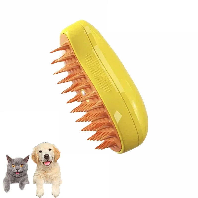 Yellow 3-in-1 electric steam grooming brush with orange silicone bristles, shown next to a cat and a dog.
