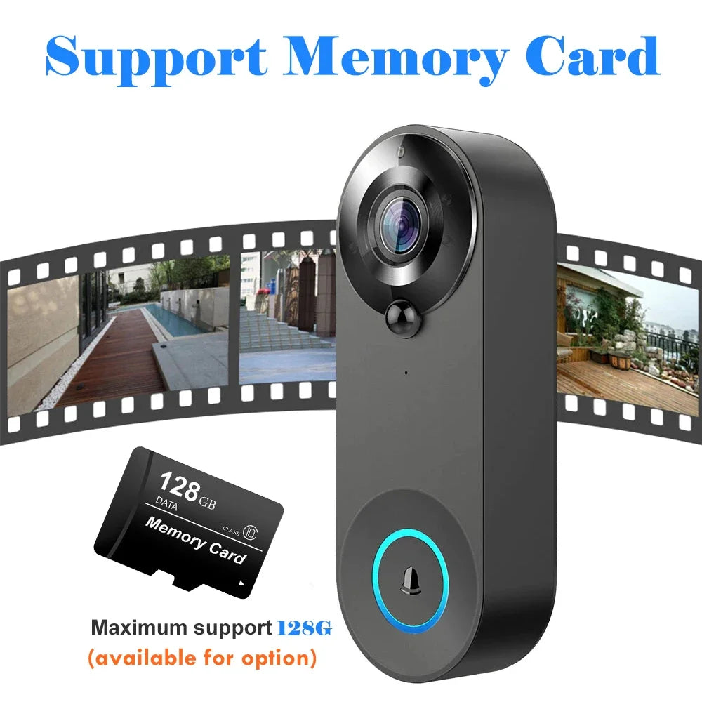 Sleek matte black 1080p smart video doorbell with a glowing blue ring button and a 128GB memory card.