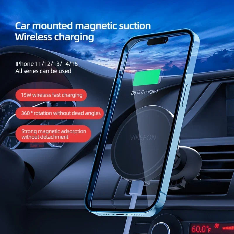 A black, circular magnetic wireless car phone mount with a charging cable, attached to a car dashboard vent.