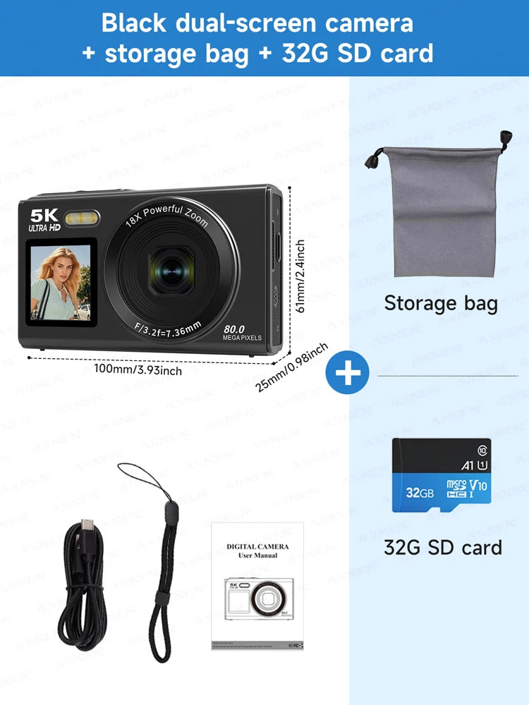 Black 5K digital camera with dual screens, 32GB SD card, grey fabric storage bag, charging cable, and user manual.