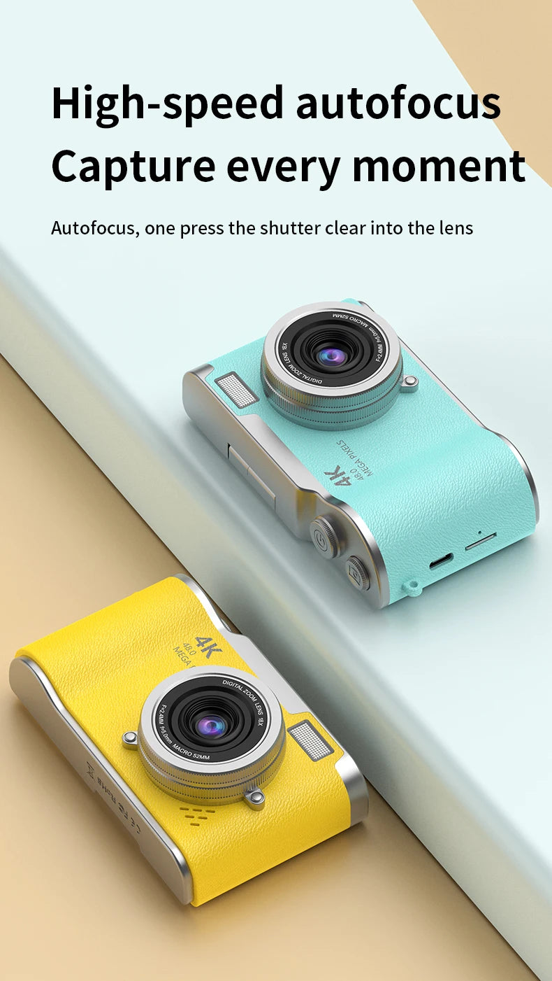 Turquoise and yellow compact 4K digital cameras with leather-textured casing and silver metallic accents.