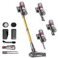 Gold cordless stick vacuum with silver and purple accents, showing attachments, filters, and wall mount.