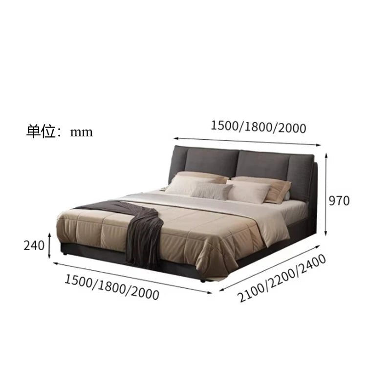Modern grey upholstered double bed with a cushioned headboard and integrated storage, shown with technical dimensions.