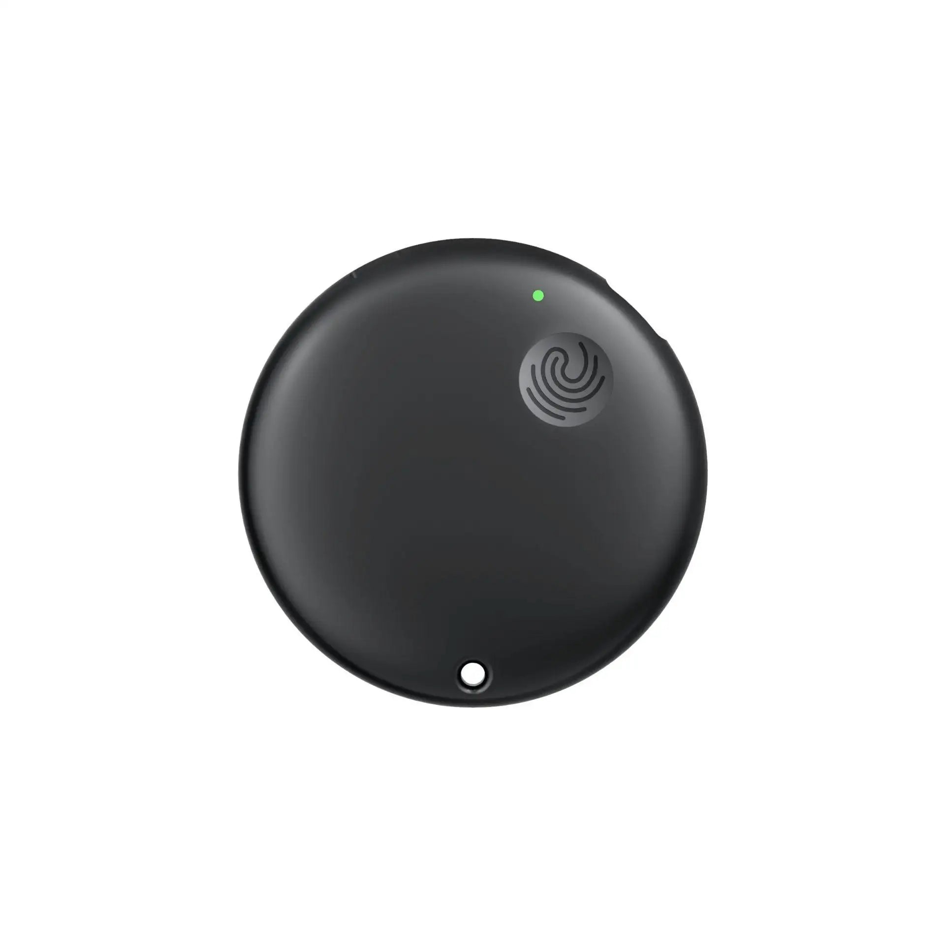 Small, round black waterproof Bluetooth speaker with a status light and swirl pattern, isolated on a white background.