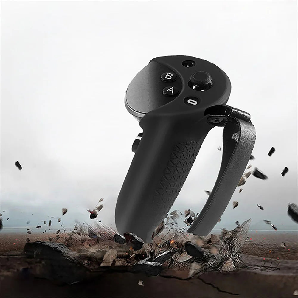 Black VR touch controller grip cover with an adjustable hand strap, thumb cap, and textured handle.