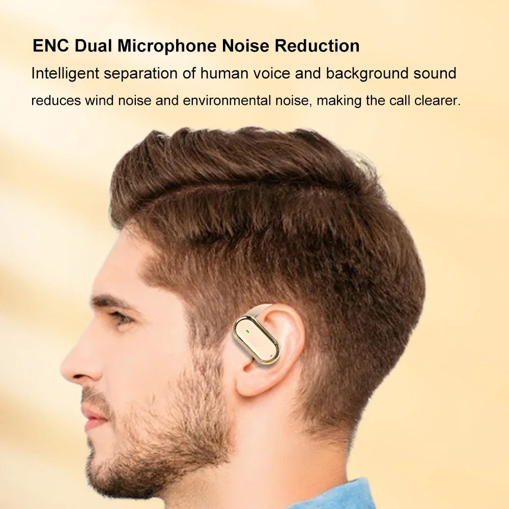 A man wearing a sleek, gold-colored, ergonomic clip-on earphone with a minimalist design against a plain background.