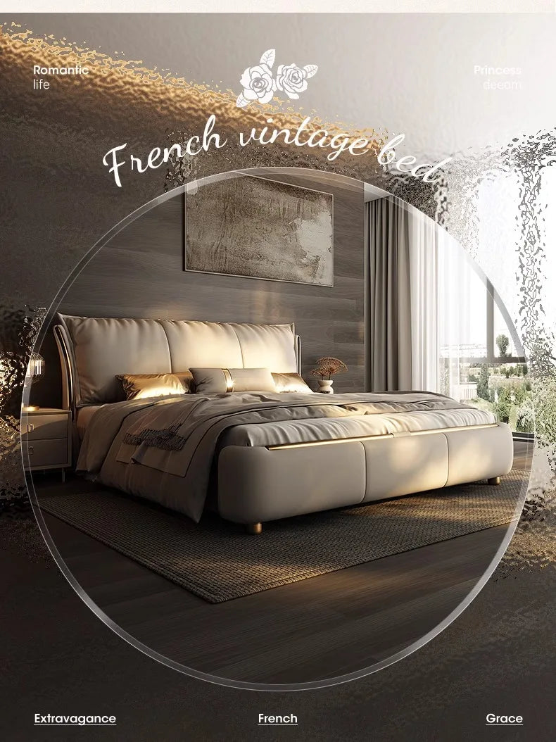 Modern double-sized princess bed in beige, featuring an upholstered panelled headboard and a sleek, low-profile frame.