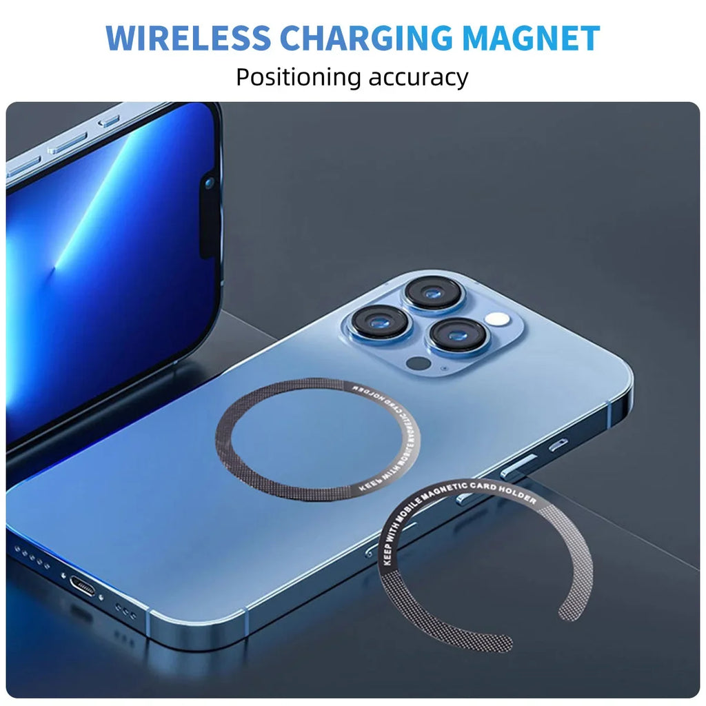 A light blue smartphone with a black magnetic ring attachment on the back for wireless charging and card holders.
