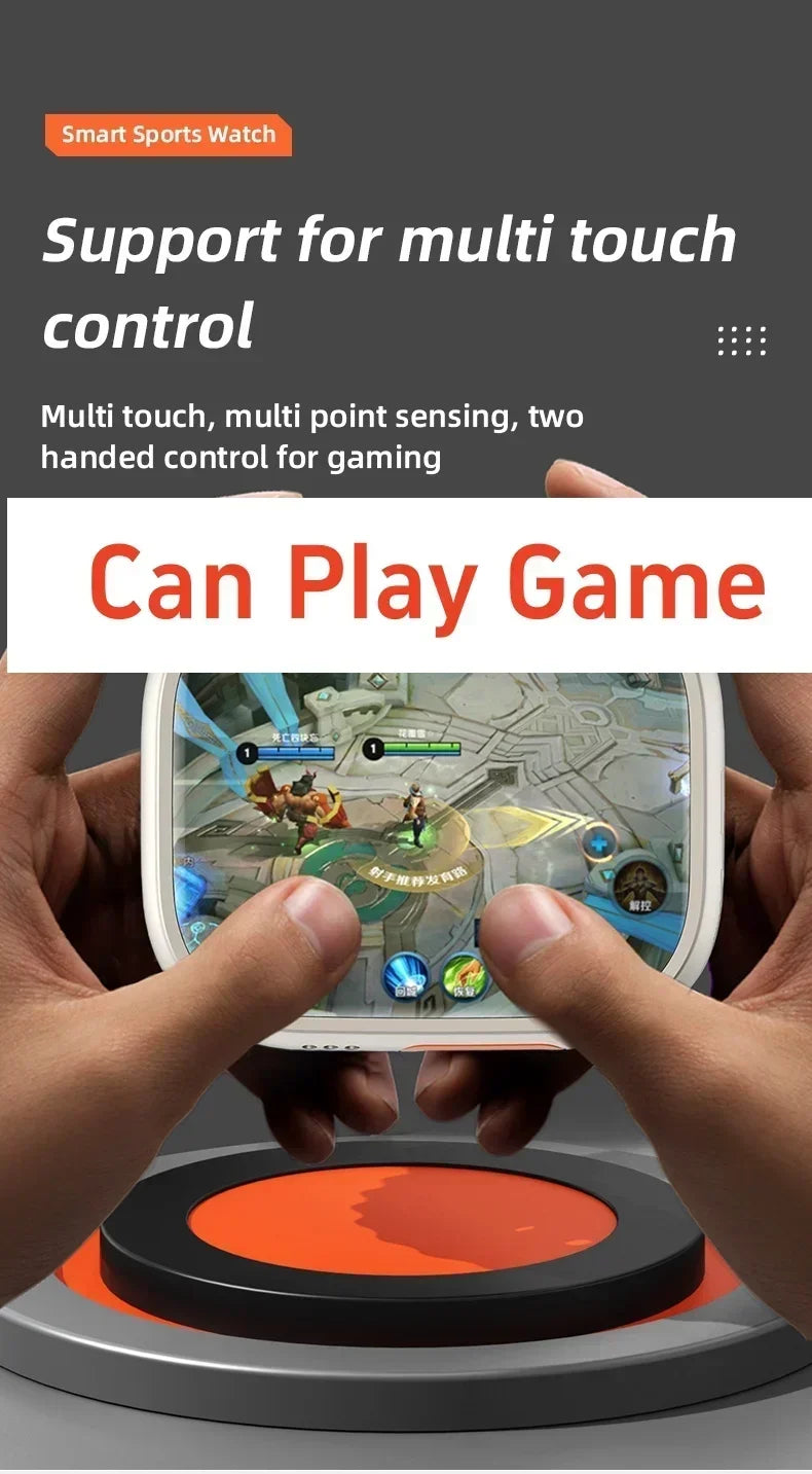Hands holding a sleek white 4G smartwatch, showcasing a vivid gaming screen with multi-touch controls.