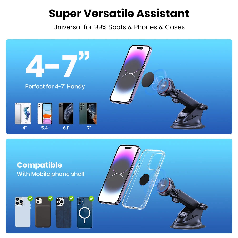 Black magnetic car phone mount with adjustable arm and suction base for 4-7 inch smartphones and phone cases.