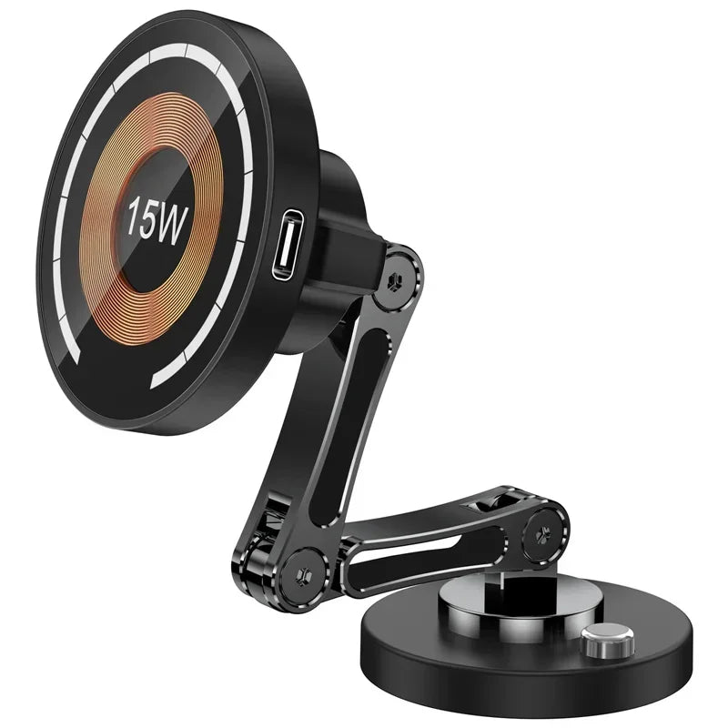 Black 15W wireless magnetic charger with an adjustable, foldable articulated metal arm and a circular base.
