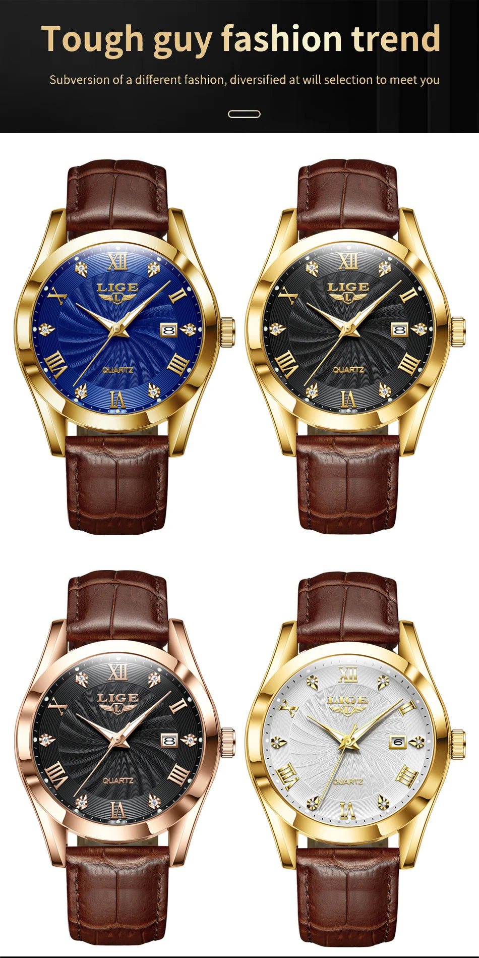 Four elegant quartz watches with brown leather straps and gold cases, featuring sunray dials and Roman numerals.