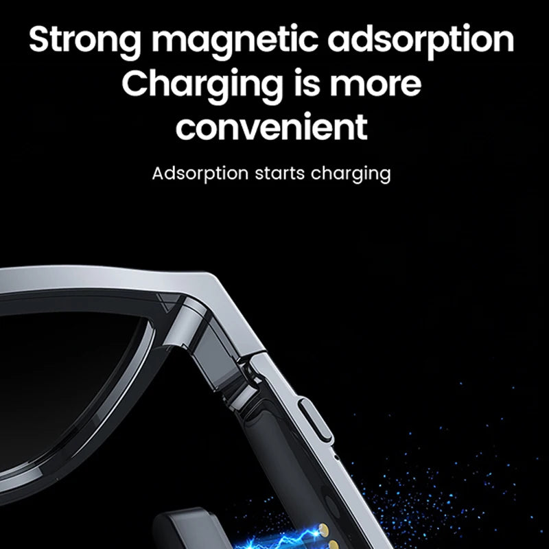 Close-up of smart audio glasses with a sleek black frame, showcasing a convenient magnetic charging connection point.
