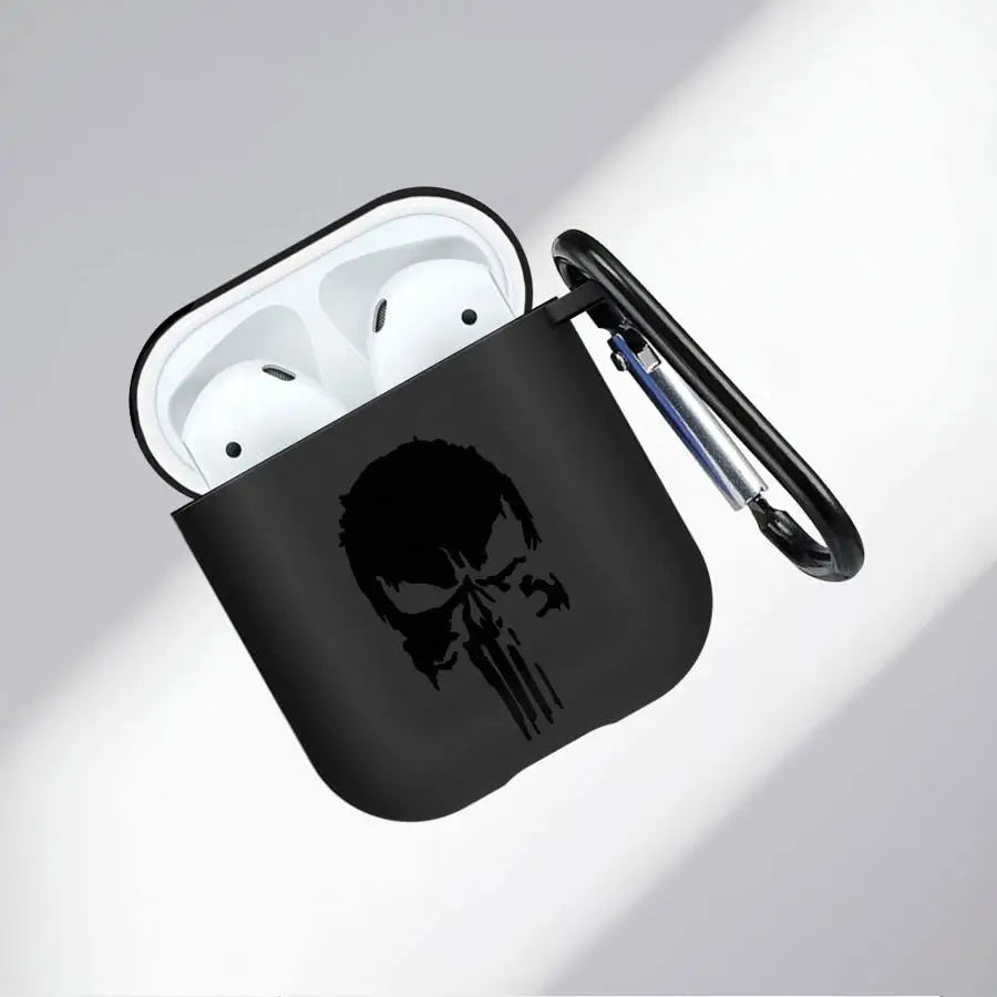Black silicone AirPods 1/2 case with a Punisher skull logo and black carabiner clip.